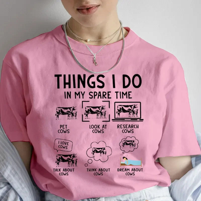 Trend Shirt Short Sleeve Fashion Summer Women Cow Things I Do in My Spare Time Cows Print T Shirt Casual Top Graphic Tee T-Shirt