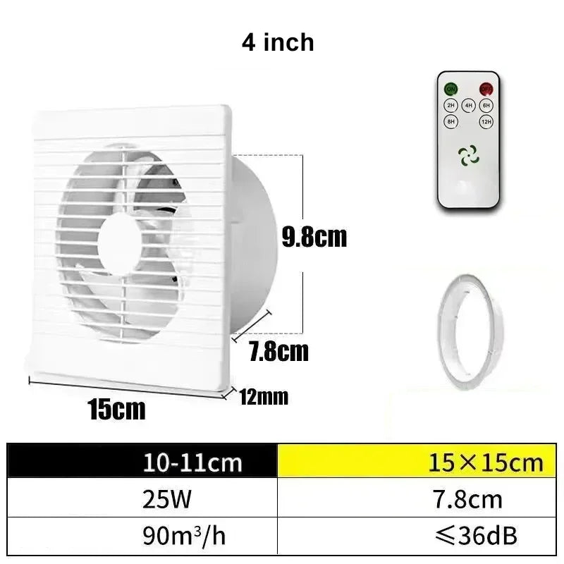 220V 4/ 6/ 8 Inch Remote Control Window Wall Exhaust Fan for Bathroom Toilet Kitchen Air Ventilation with Timing Function