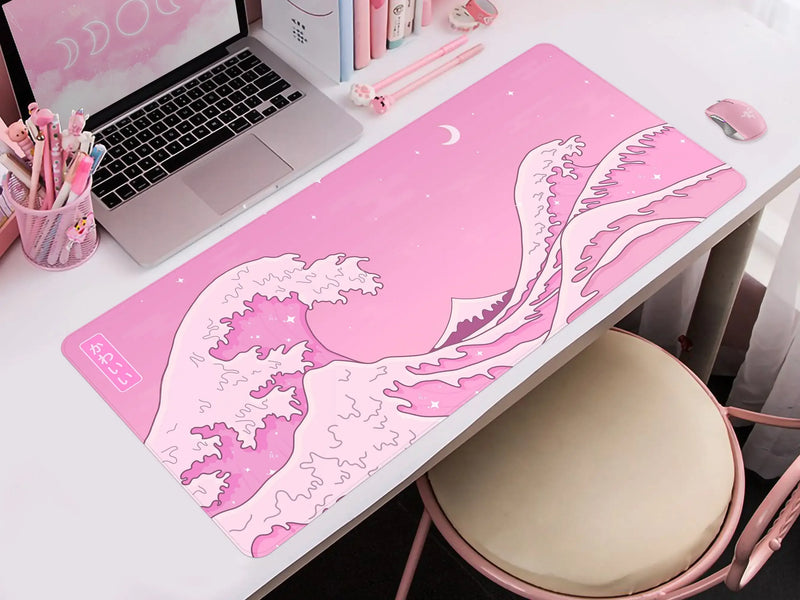 Kawaii Desk Mat Pink Wave Cute Pastel Anime Aesthetics Moon and Ocean Mouse Pad XXL Japanese Gaming Mousepad Gamer 900x400