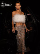 VC Two Piece Set For Women Summer 2023 Night Club Party Outfits Feather Design Bandage Cropped Top And Long Skirt