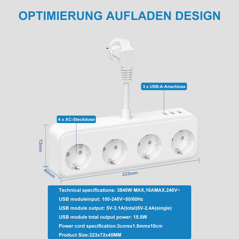 Multicontact EU Plug Power Strip 4 Outlet with 3 USB Electrical Socket Multiple 3840W 16A 240V Extension Cord For Home Office