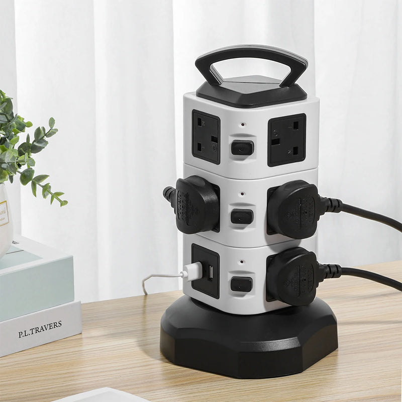 7/11/15 Ways Tower Socket Surge Protector Vertical Power Strip UK Plug Multi Outlets with 2 USB 2m Extension For Home Office