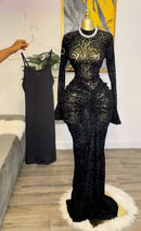 CM.YAYA 2025 Fall Women Long Sleeve Stacked Mesh See Though with Lining Bodycon Long Dress Evening Birthday Sexy Party Dresses