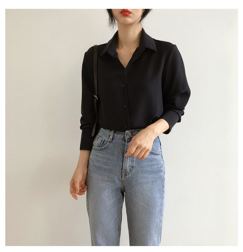 New Women Shirt Classic Chiffon Blouse Female S-4XL Office Lady Loose Long Sleeve Shirt Simple Style Tops Clothes Blusas 6830