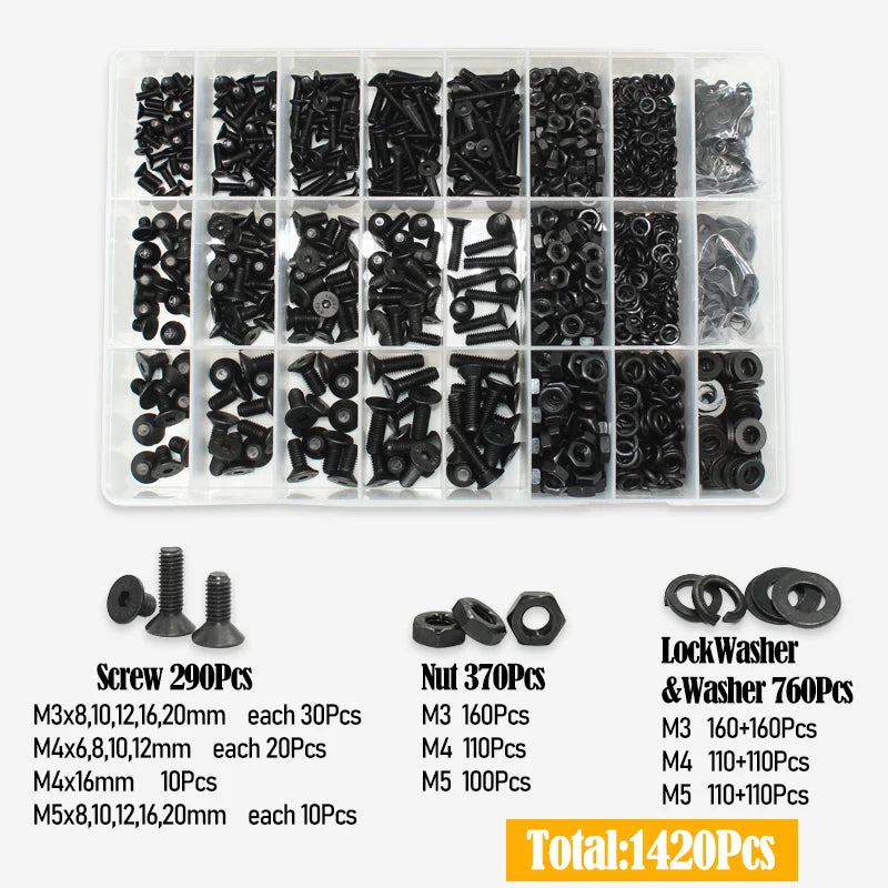 3045p Black Flat Head Socket Cap Screw Countersunk Bolts Nuts Washers Kit M2 M2.5 M3 M4 M5 M6 M8 10.9 Grade Alloy Steel DIN 7991