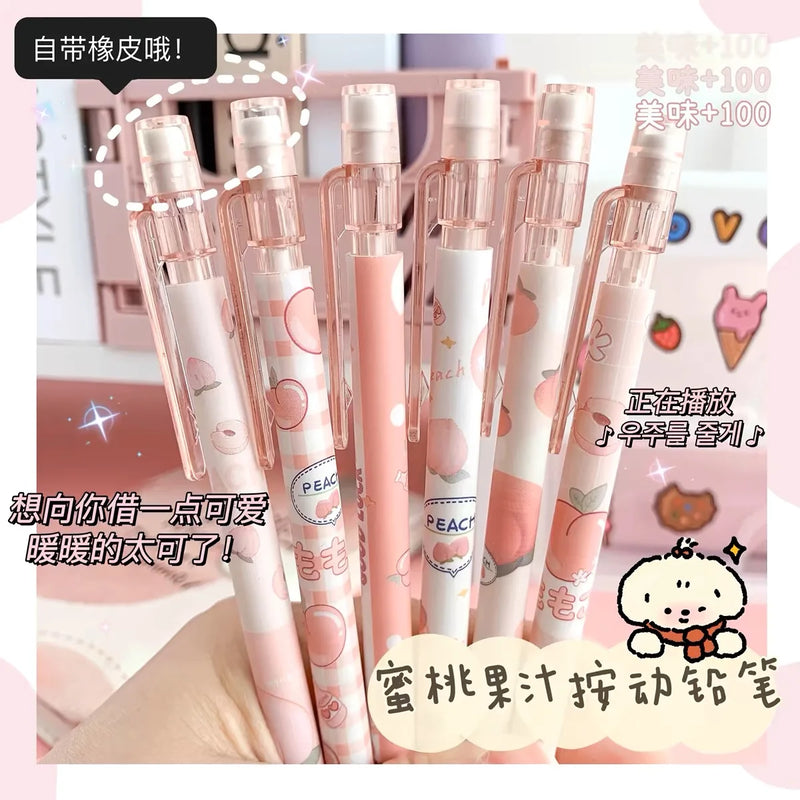 6Pcs 0.5/0.7mm Mechanical Pencils Kawaii Cute Automatic Pencils with Erasers Students Stationery Writing School Office Supplies