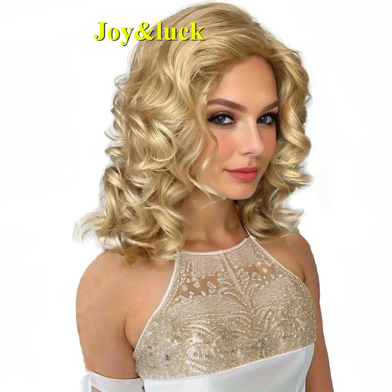 Joy&luck Short Curly Wig Synthetic Hair Wigs Gold Mix Blonde Color Women's Full Wig with Bangs Natural Daily Hair Style