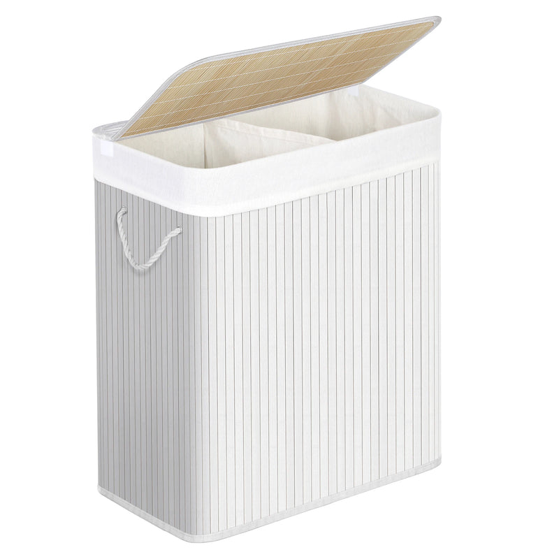 SONGMICS - Laundry Basket with Lid - Bamboo Laundry Basket with 2 Sorting Compartments, Removable Bag, Cotton Handles