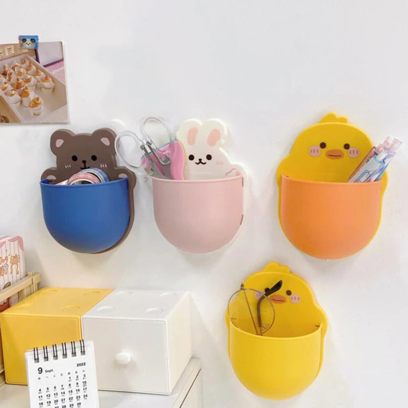 Kawaii Cartoon Bear Bunny Pen Holder Cute Storage Rack Self Adhesive Cosmetics Brushes Holder Korean Stationery Desk Organizer