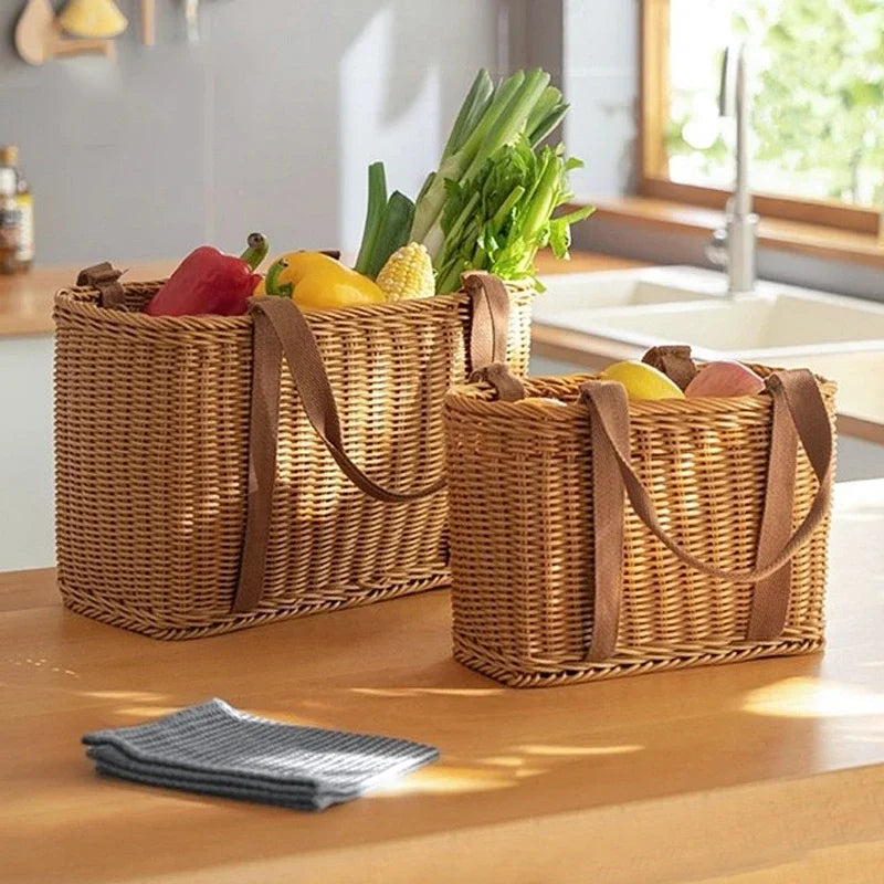 Woven Picnic Basket Multipurpose Wicker Basket Totes Storage Basket with Handle Rustic Life Shopping Organizer