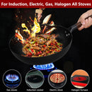 Wok-Pfanne aus Karbonstahl 32cm, Bratpfanne mit Holzdeckel, unbeschichtet, flacher Boden, chinesische Pfanne für Induktion, Elektro, Gas, alle Herdarten