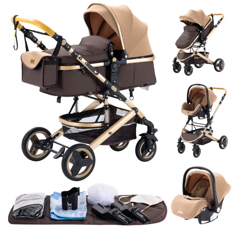 Luxury Baby Stroller 3 in 1 Portable Travel Baby Carriage Fold Pram High Landscape Aluminum Frame Newborn Infant Stroller