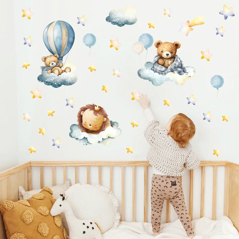 Cute Cartoon Bear Lion Animal Star Wall Stickers for Kids Room Bedroom Nursery Home Decoration Wall Decals