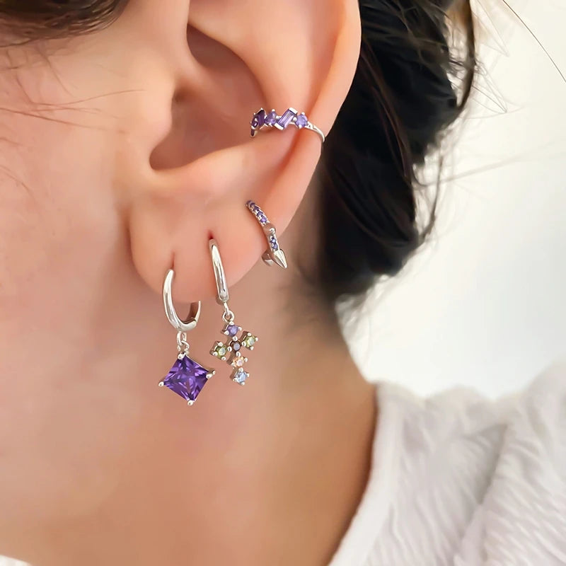 925 Sterling Silver Needle Luxury Purple Crystal Heart Stud Earrings for Women Geometry Cross Pendant Earrings Fashion Jewelry