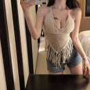 Sommerurlaub Strand Camis Lady Sexy Quasten Häkel-Camisole Frauen Sexy Quasten Bikini Camis weibliche Häkel-Neckholder Bikini-Tops