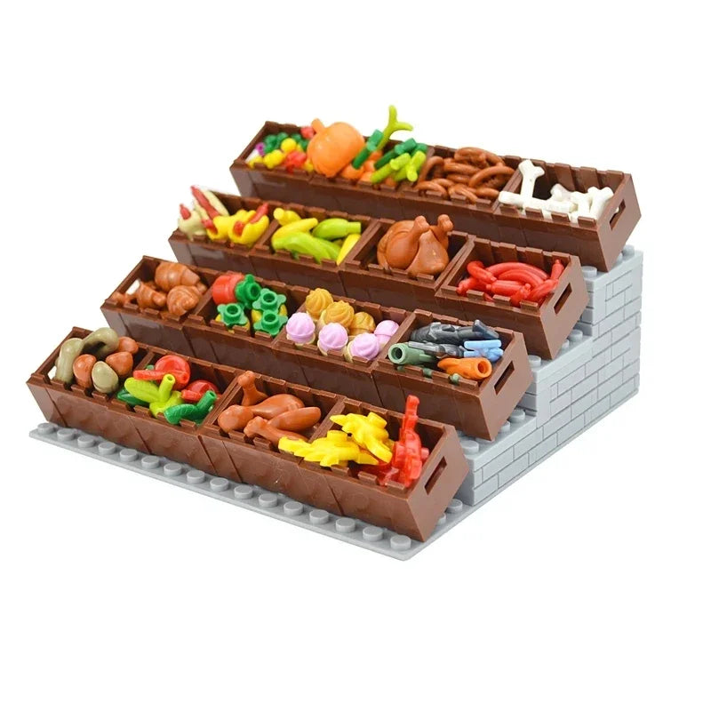 DlY Mini Food Building Block Figures Bread Fish Fruit Chicken Crab Hot Dog Cake Pizze Carrot Box Creative Toys City Parts Brick