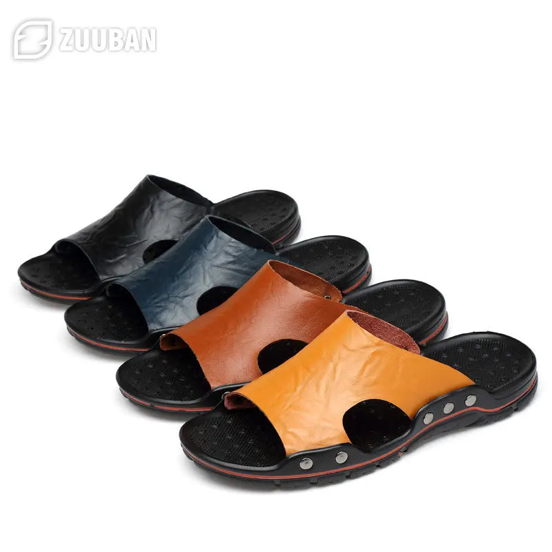 Mens Slippers Outdoor Summer Genuine Leather Slides for Men Couple Non-slip Women Home Fashion Casual Single Shoes Large Size