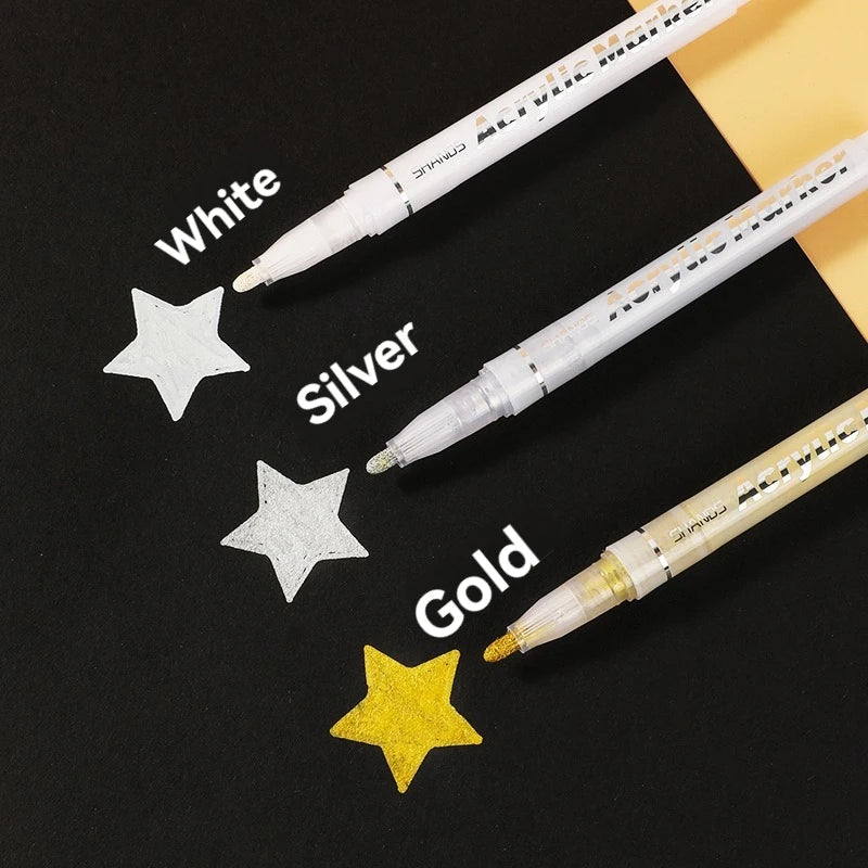 3Pcs/Set High-gloss Acrylic Markers Gold Silver White Painting Graffiti Pens, Waterproof Ink,Practical Portable Markers