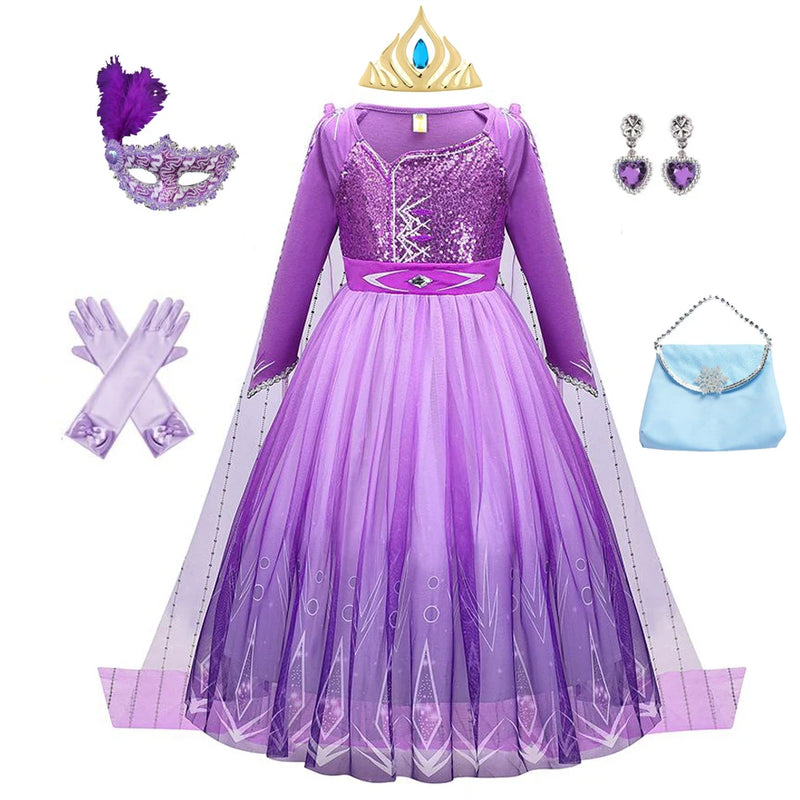 Girl Elsa Dress Princess Cosplay Purple Sequins Mesh Halloween Long Sleeves Ball Gown Birthday Party Carnival Costume