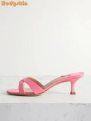 Sweet Cross-tied Slippers Solid Round Toe Shallow Stilettos Mules Fashion Casual Pull-on Outside Dress Shoes 2025 New Summer