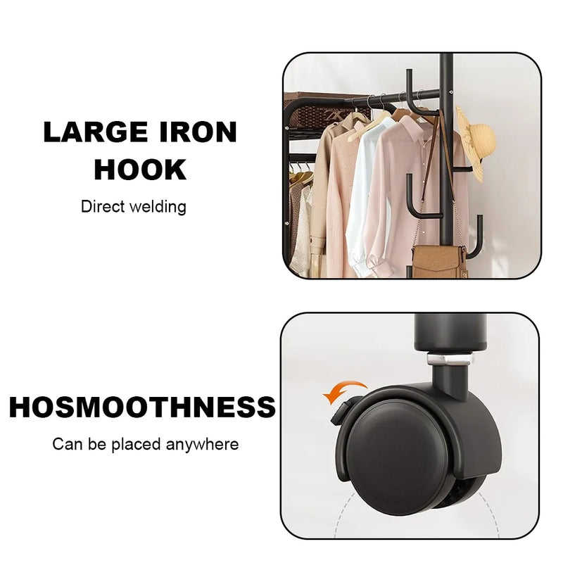 Coat Rack Movable Double Clothes Shelf Clothes Floor-Standing Bedroom Wheeled Floor Hangers Storage Coat Rack Clothes Racks