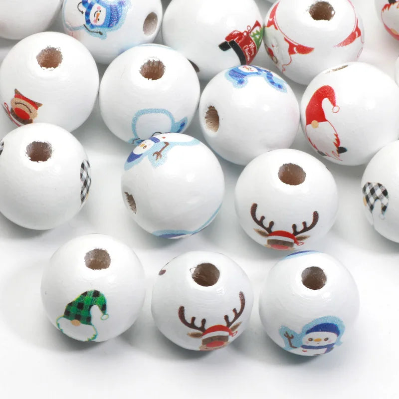 10pcs 16mm Round Christmas Wooden Beads Cartoon Wood Spacer Beads For Jewelry Making Diy Christmas Party Decor Handicrafts