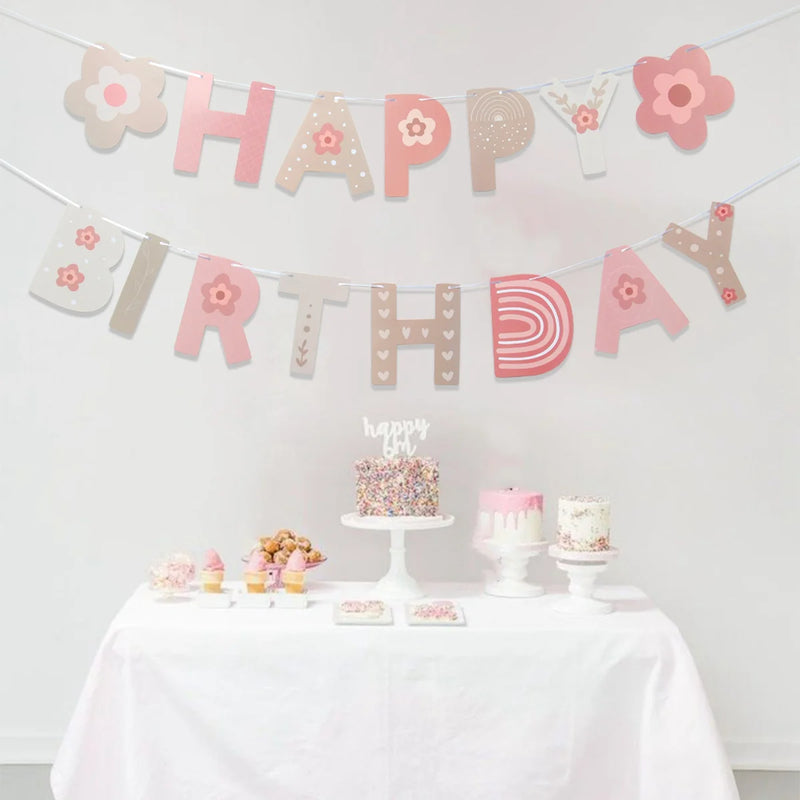 Pink Flower Banners Garland Ins Style Happy Birthday Banners Birthday Party Decoration Kids Girl Baby Shower Hanging Flag