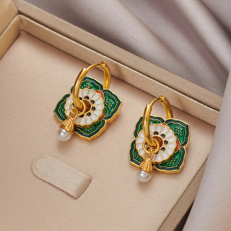 Ethnic Chinese Colorful Enamel Earrings for Women Retro Design Gold Plated Flower Shaped Multiple Wear Ways Luxury Jewelry Gifts