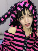 Gestreifter Print Gothic Grunge Hoodie Pink Schwarz Gothic Stil Hasenohren Hoodies Weiblich Fairy Harajuku Kawaii Slim Kapuzenpullover Egirl Top