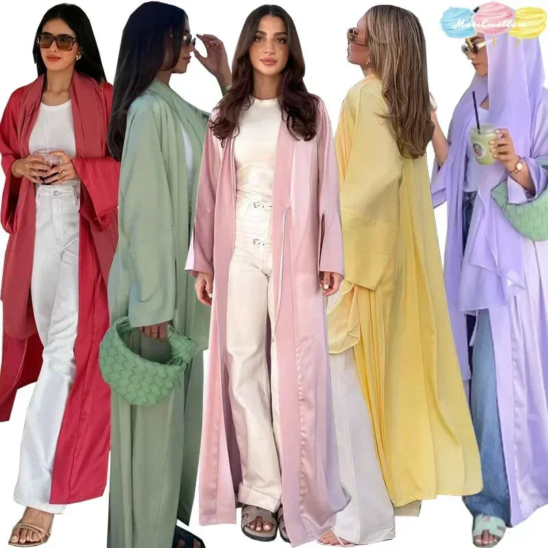 Muslim Women Pink Satin Kimono Abaya Damen Dubai Elegant Luxury Kaftan Modest Dress Islam Caftan Marocain Robe Femme Musulmane