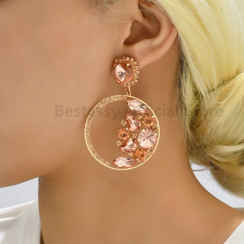 Fashion Rhinestone Hoop Dangle Earrings For Women Trend Luxury High Quality Round Big Pendants Vintage Jewelry Party Accessories