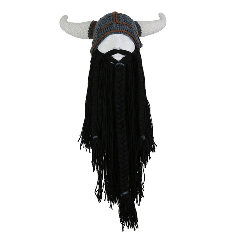 Viking Horn Hat Mask Men Bearded Funny Caps Winter Hand Weave Men Christmas Cosplay Party Funny Tricky Headgear Warm Beanie Caps