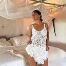 2025 Summer Hollow Out Lace Mini Dress Women Sexy V-neck Spaghetti Straps Backless Vacation Beach Outfits Bikini Cover Ups