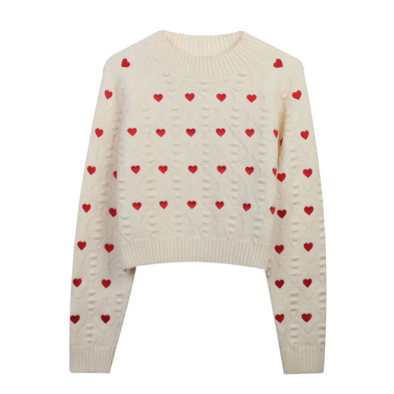 Women Fashion Heart Love Embroidery Knitted Pullover Sweater Vintage Long Sleeves O-Neck Female Chic Lady Tops C-153