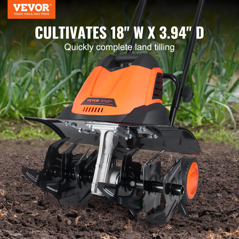 VEVOR 12 Amp Electric Tiller, 18" Tilling Width 3.94" Tilling Depth Corded Electric Tiller/Cultivator, Steel Mn Tines, Rototille