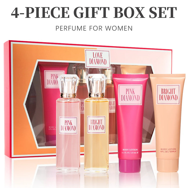 Women's Fragrance Sets 2 Pc 3.4fl.oz Eau de Parfum Spray and 2 Pc 4.1fl.oz Body Cream PINK DIAMOND 4 Pcs Gifts for Women EDP