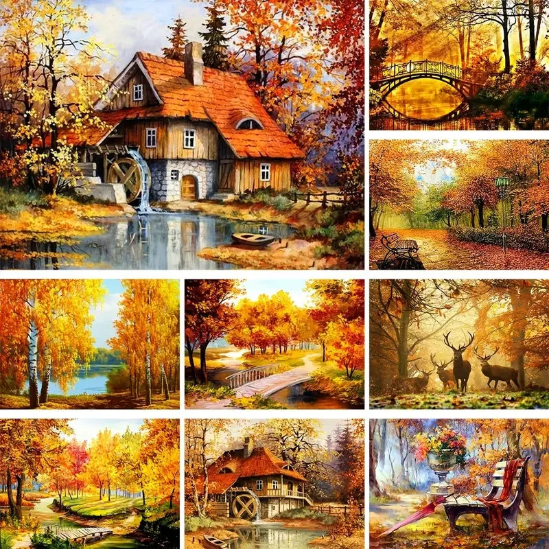 5D DIY Golden Autumn Forest Scenery Diamond Painting Kits Full Round Square Diamond Art Wall Mosaic Cross Stitch Home Decoration