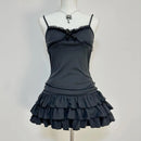 Solid color lace dress with bow decoration sweet casual Y2K top sexy street rock aesthetic retro punk Harajuku hop women's dress