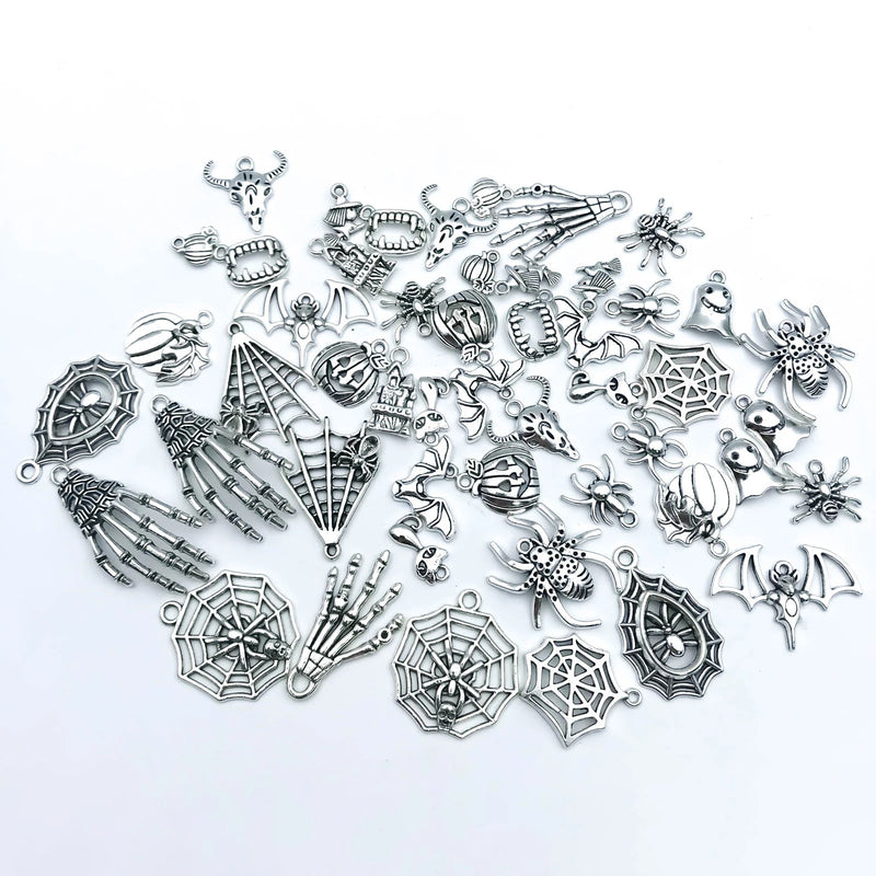 50pcs/SET Zinc Alloy Silvery Halloween Series Charms Pendants for DIY Necklace Bracelet Earrings Jewelry Making Handmade