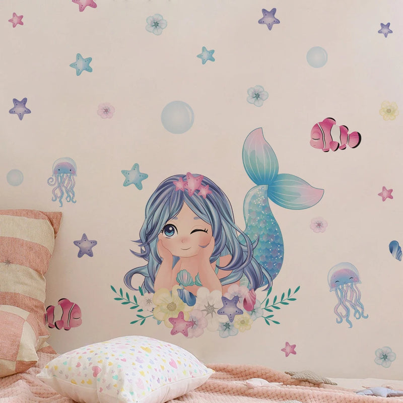 Cute Cartoon Mermaid Swinging Jellyfish Wall Stickers for Baby Girls Room Kids Room Wall Decals Nursery Living Room Decor