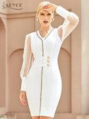 Adyce 2022 New Winter Women White Lace Bodycon Bandage Dress Sexy V Neck Long Sleeve Button Evening Celebrity Club Party Dresses