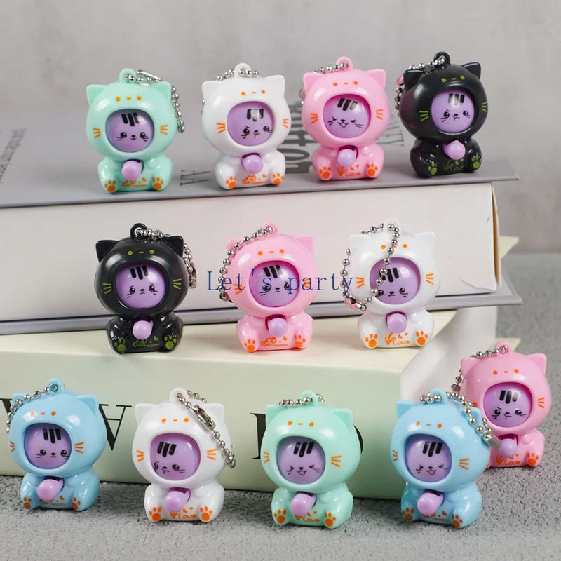 10Pcs Cartoon Mini Cat Face Change Doll Device Keychains Toys for Kids Birthday Party Favors Baby Shower Gift Pinata Fillers