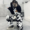 Street Hip-hop Harajuku Girl Cow Print Oneies For Women Black White Plaid Overalls Casual Jumpsuit Trousers Baggy Pants