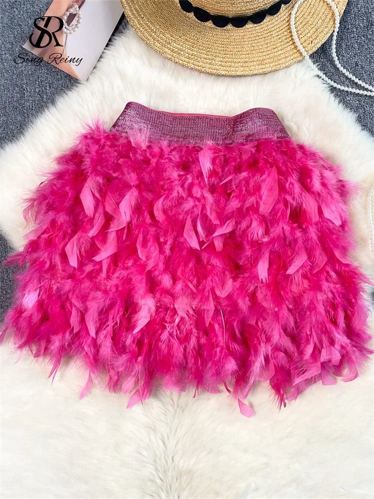 SINGREINY Senior Birthday Party Skirt High Quality Elastic Waist Mini Skirt Fairy Style Sweet Feather Splicing Ball Gown Skirt