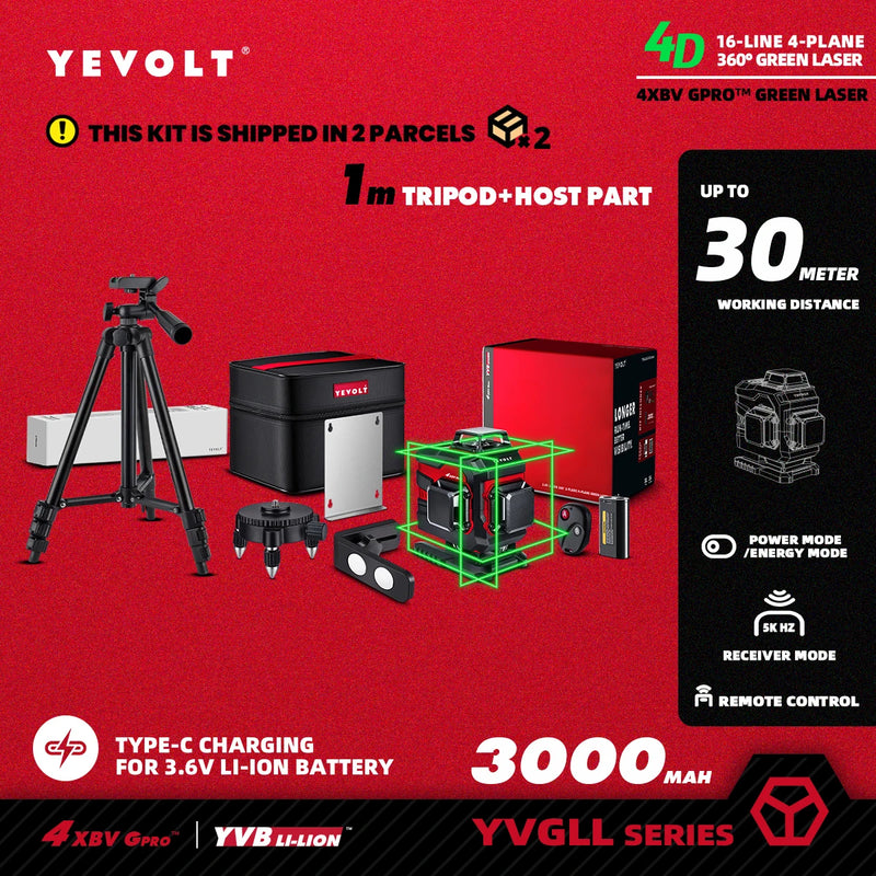 YEVOLT Laser Level Green Beam 4-Plane 16-Line Self-leveling 360 3D Ground-Hugging Horizontal & Vertical Tile Measuring Tools