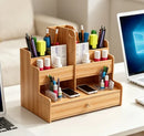 HTMCK DIY Large Capacity Wooden Desk Organizer with Drawer Pen Holder Stationery Storage Box for Home Office School Desktop Tidy