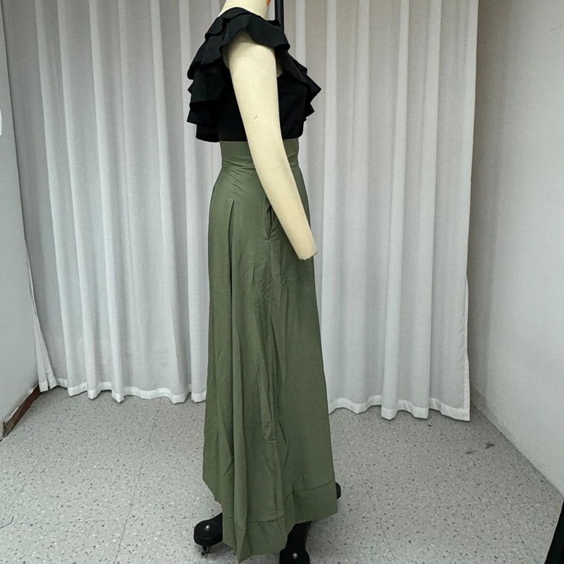 Wefads 2 Piece Set Summer Elegant Fashion One Shoulder Ruffled Sleeveless Irregular Pullover Top Loose Long Skirt Set Streetwear