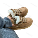 Womens Snow Boots Winter New Retro Round Toe Low-top Lace Up Warm Plush Flat Shoes Fashion Versatile Non Slip Casual Sport Shoes