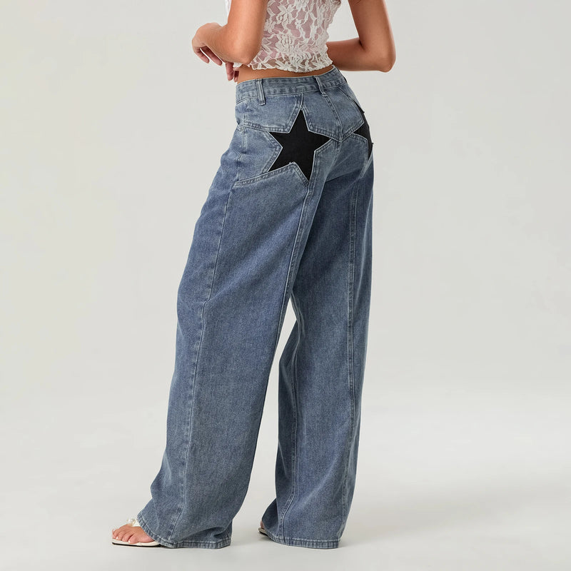 Women Fashion Jeans Star Pattern Loose Denim Pants Spring Fall Casual Low Waist Trousers Wide Leg Pants