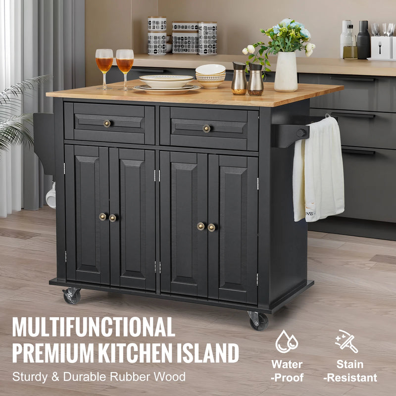 SucceBuy 43" Kitchen Island Cart Wood Top Mobile Carts with Storage Cabinet Rolling Table with Drop Leaf Spice Rack Towel Bar